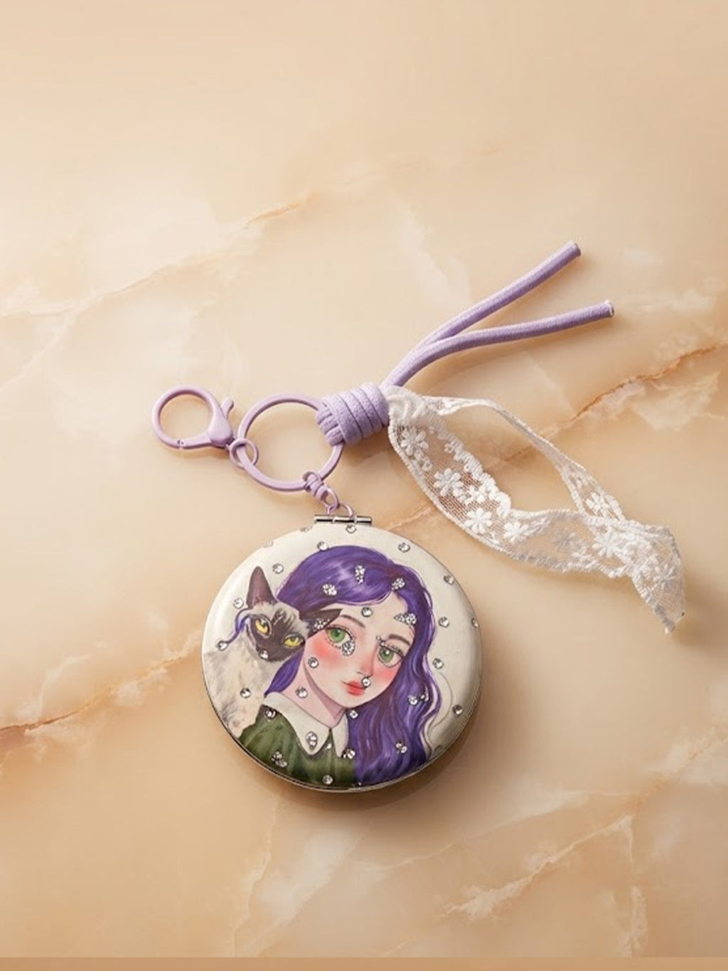 Floral oval compact mirror with ribbon and lace tassels Keychain | KCIN248