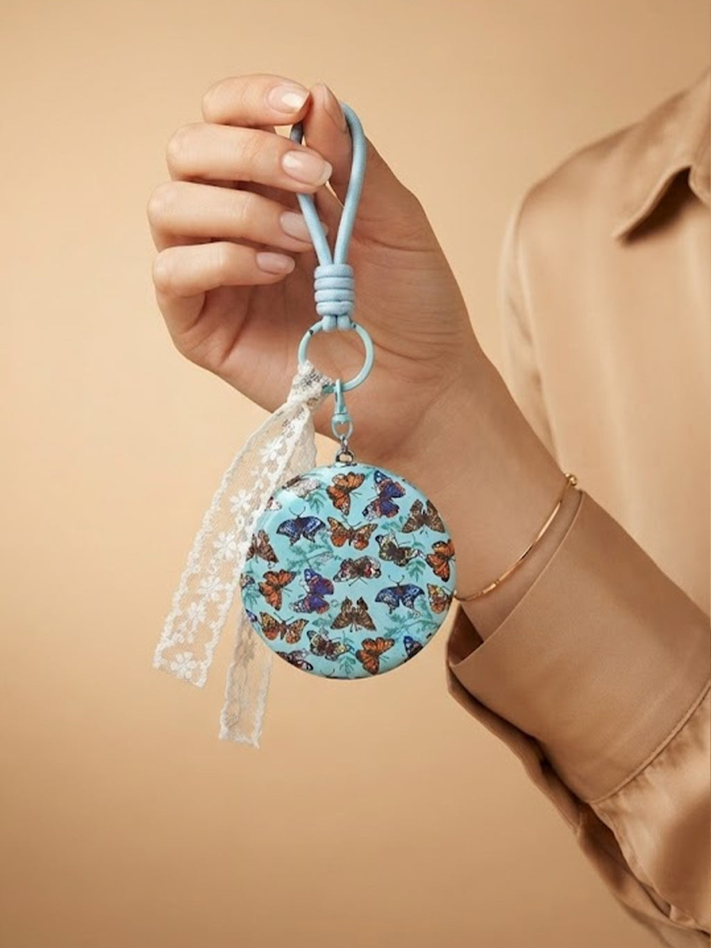 Round floral compact mirror with cream lace tassel Keychain | KCIN252