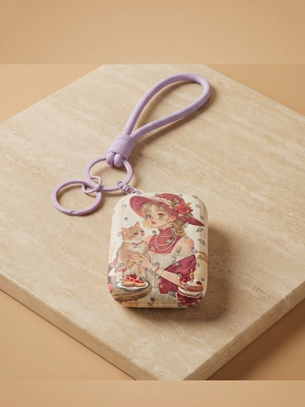 Round blue floral compact mirror with white tassels Keychain | KCIN253