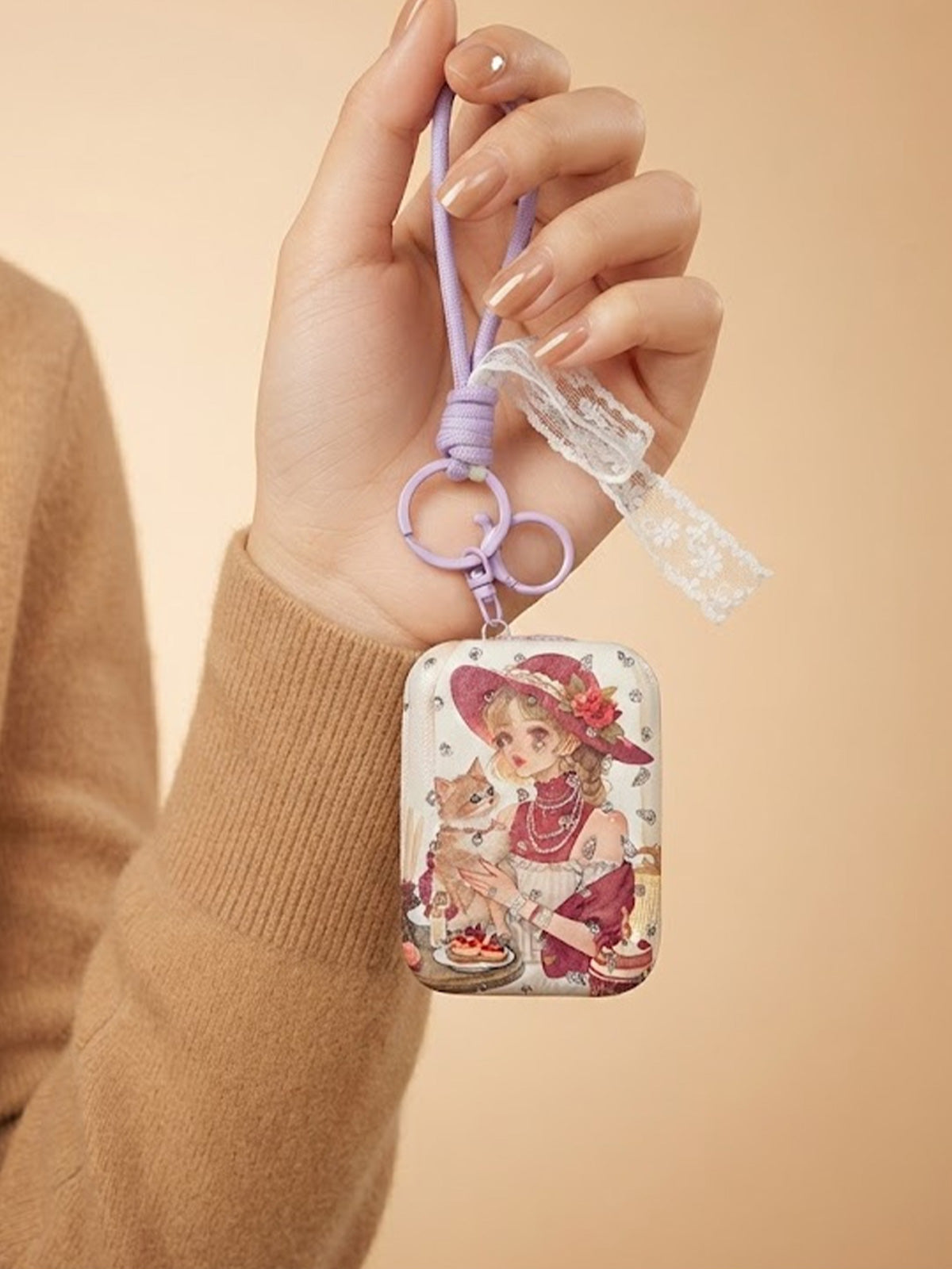 Round blue floral compact mirror with white tassels Keychain | KCIN253