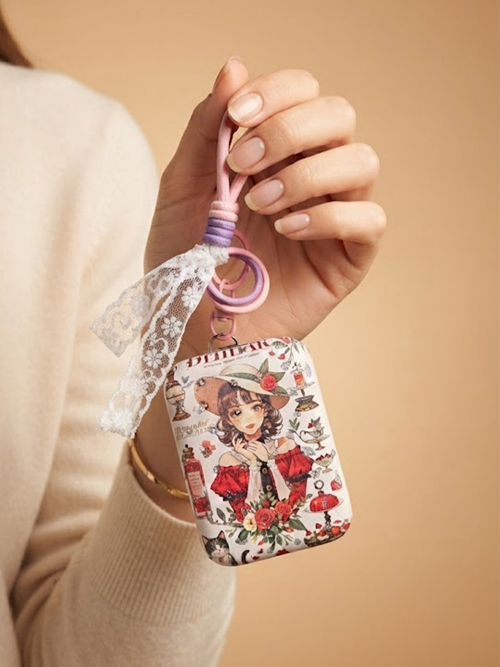 Round floral compact mirror with white lace tassels Keychain | KCIN254