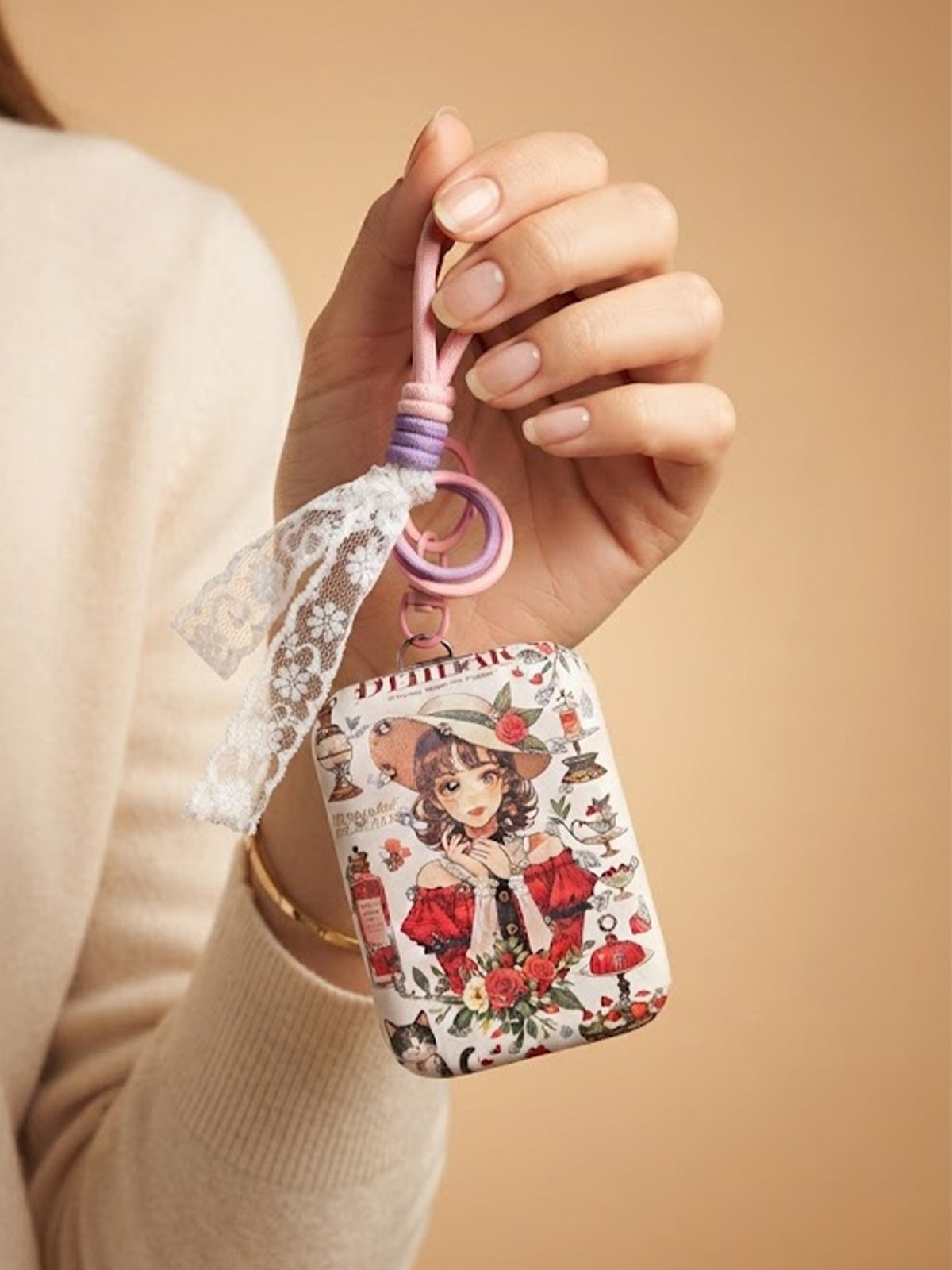 Round floral compact mirror with white lace tassels Keychain | KCIN254