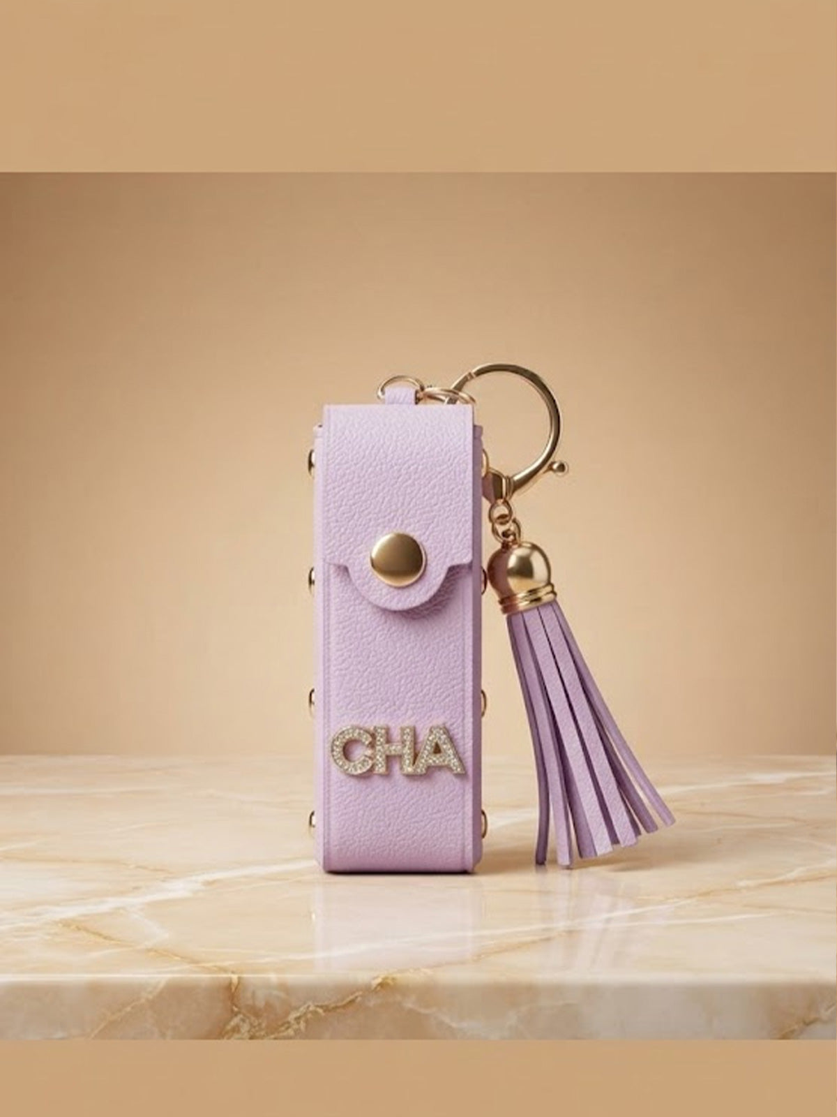 Pink mini wallet with gold tone studs and tassel Keychain | KCIN255