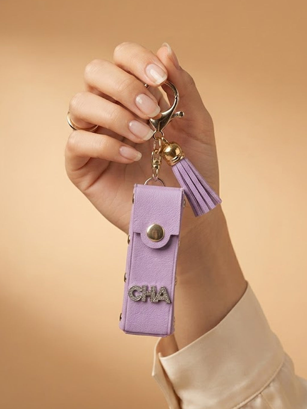 Pink mini wallet with gold tone studs and tassel Keychain | KCIN255