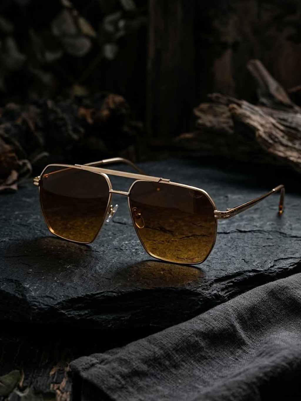Gold and Amber Brown Geometric Square Navigator Sunglasses