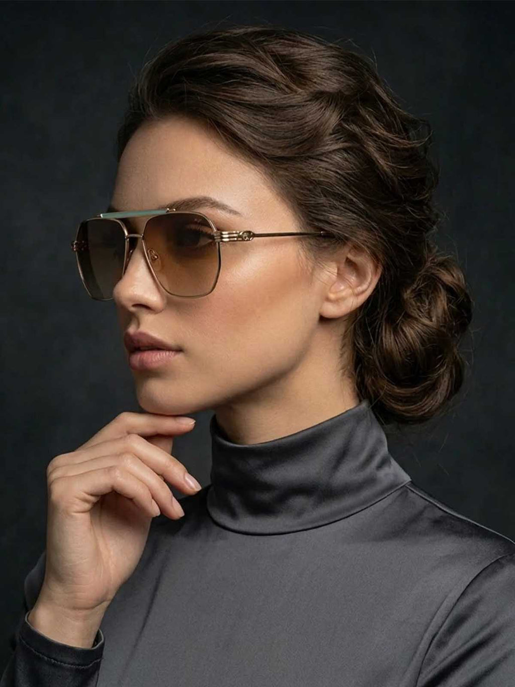 Gold and Amber Brown Geometric Square Navigator Sunglasses