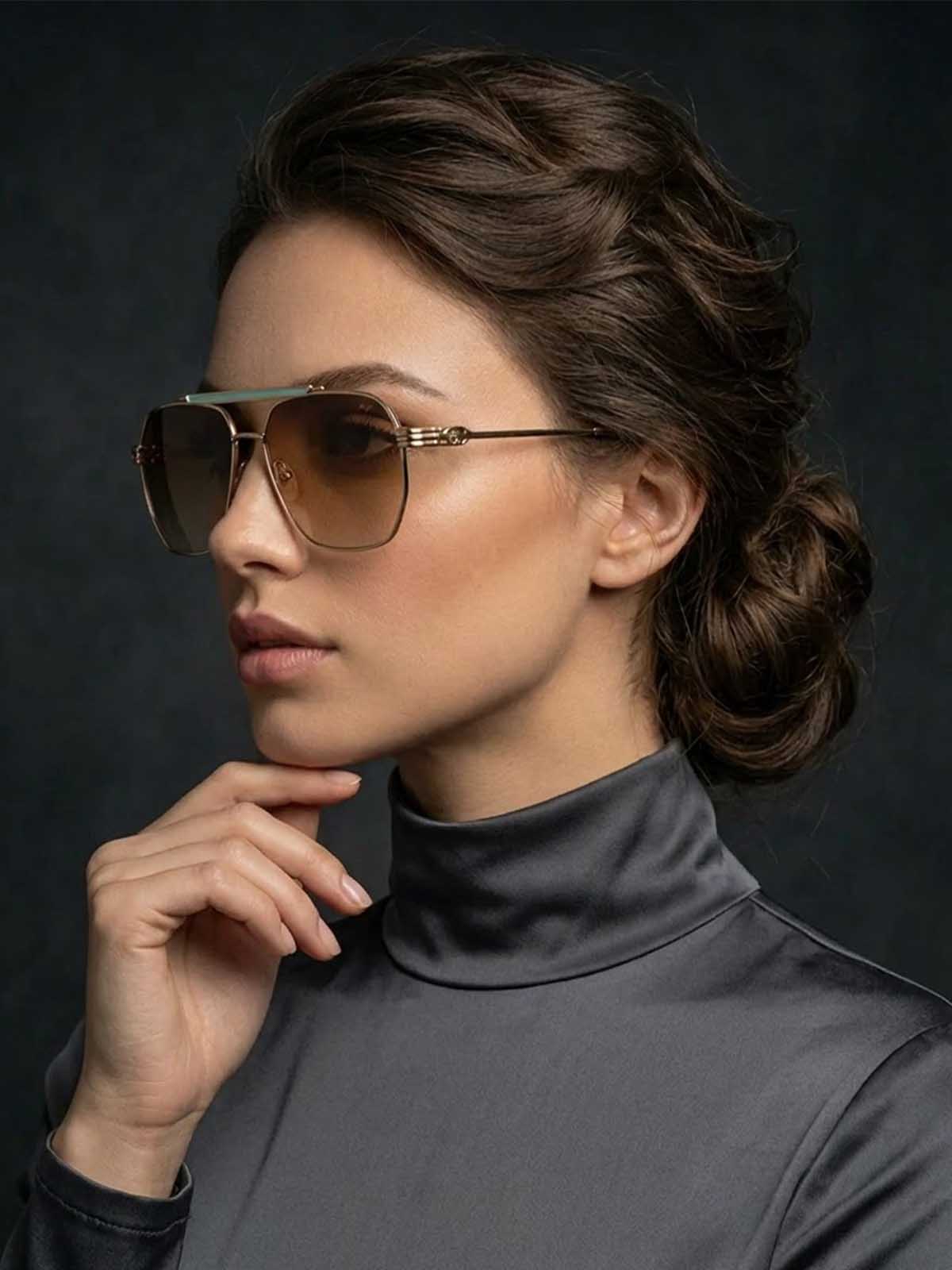 Gold and Amber Brown Geometric Square Navigator Sunglasses