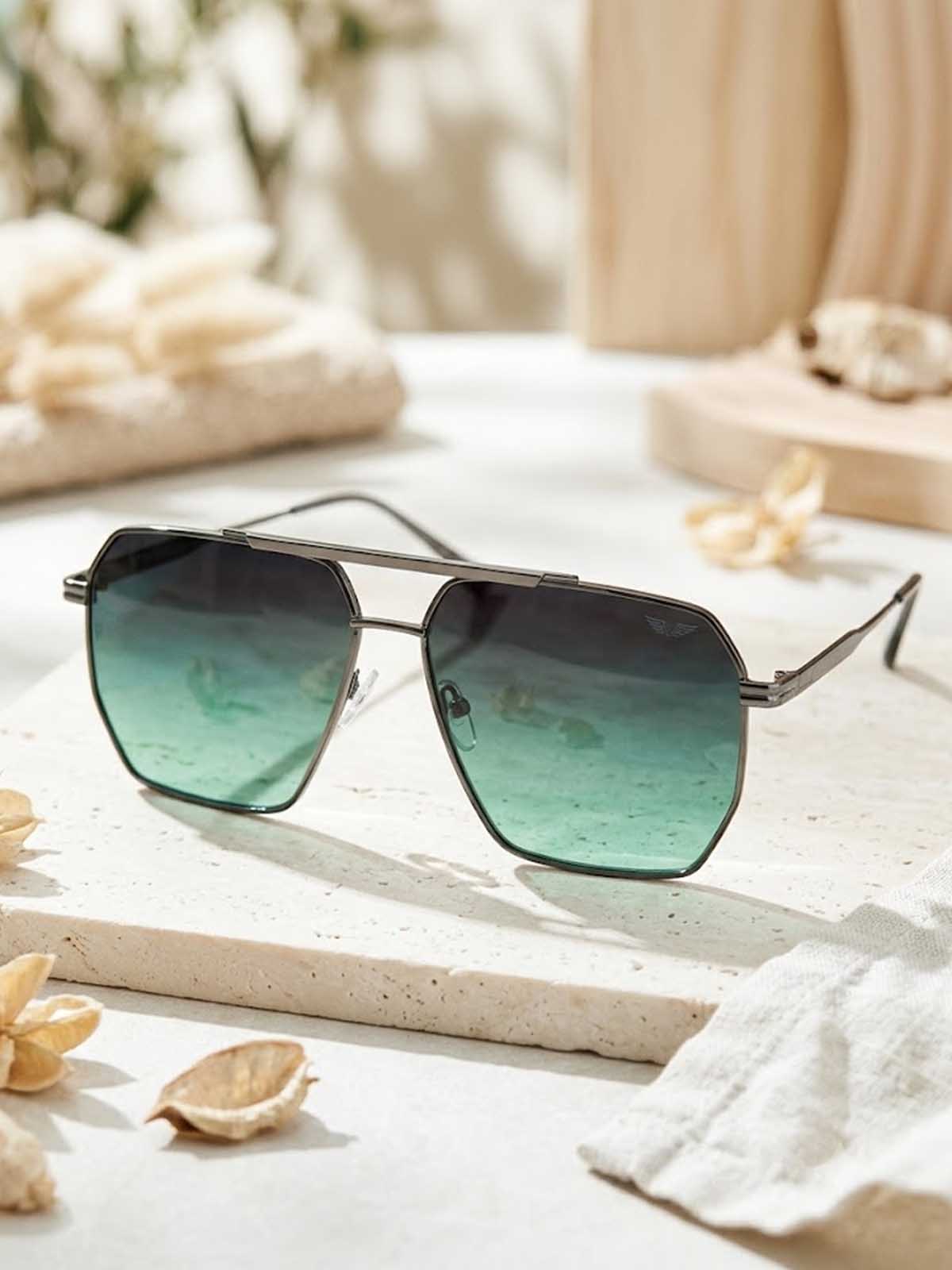 Gunmetal and Green Gradient Geometric Square Navigator Sunglasses
