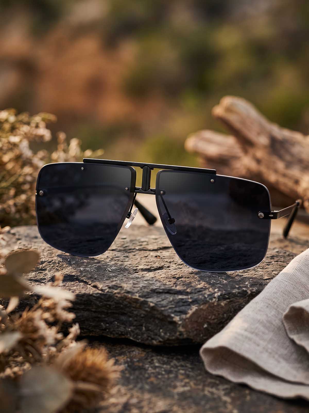 Matte Black Oversized Rimless Shield Sunglasses with Top Bar