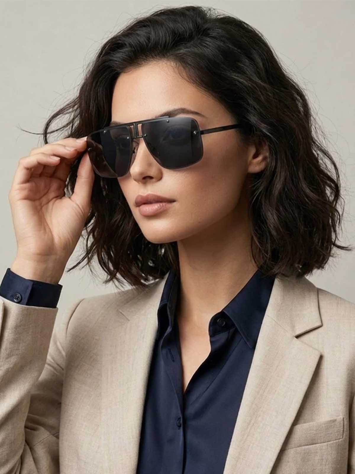 Matte Black Oversized Rimless Shield Sunglasses with Top Bar