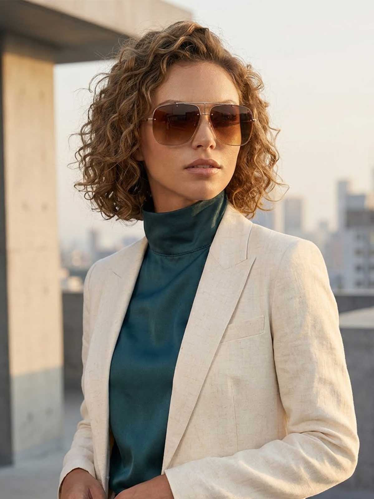 Gold and Brown Gradient Oversized Rimless Shield Sunglasses with Top Bar