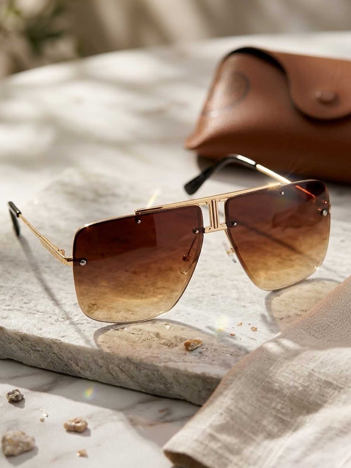 Gold and Brown Gradient Oversized Rimless Shield Sunglasses with Top Bar