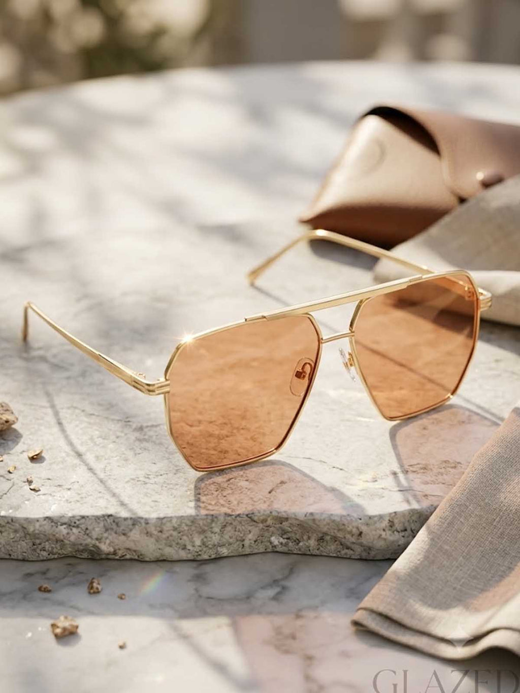 Gold and Warm Peach Orange Geometric Square Navigator Sunglasses