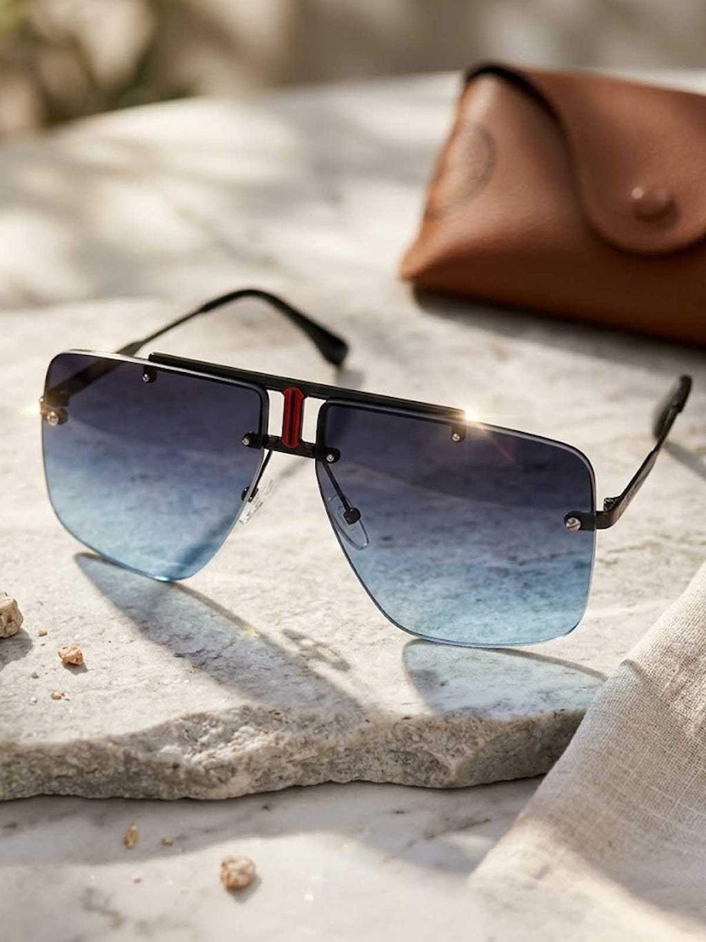 Matte Black and Blue Gradient Oversized Rimless Shield Sunglasses with Red Inset Accent