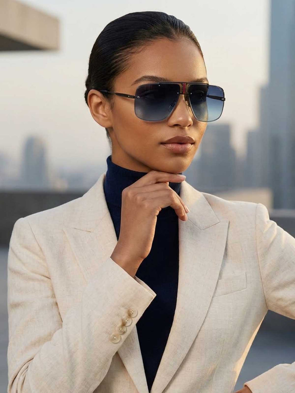 Matte Black and Blue Gradient Oversized Rimless Shield Sunglasses with Red Inset Accent