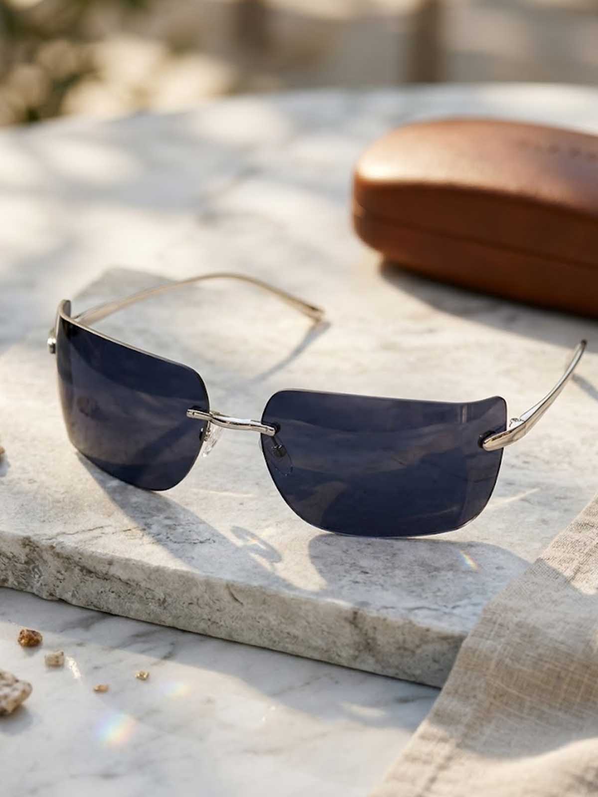 Silver and Smoke Black Rimless Y2K Wrap Shield Sunglasses