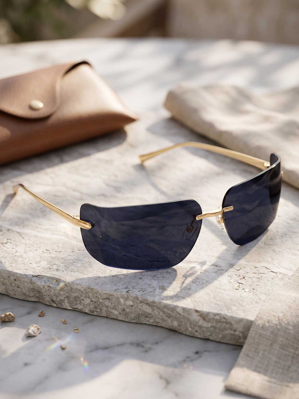 Gold and Smoke Black Rimless Y2K Wrap Shield Sunglasses