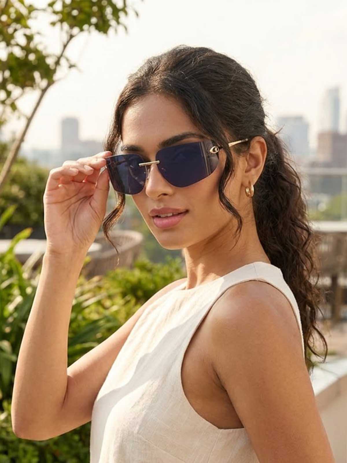 Gold and Smoke Black Rimless Y2K Wrap Shield Sunglasses