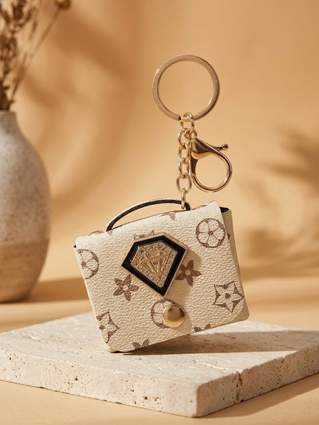 Beige patterned mini purse keychain Keychain | KCIN63