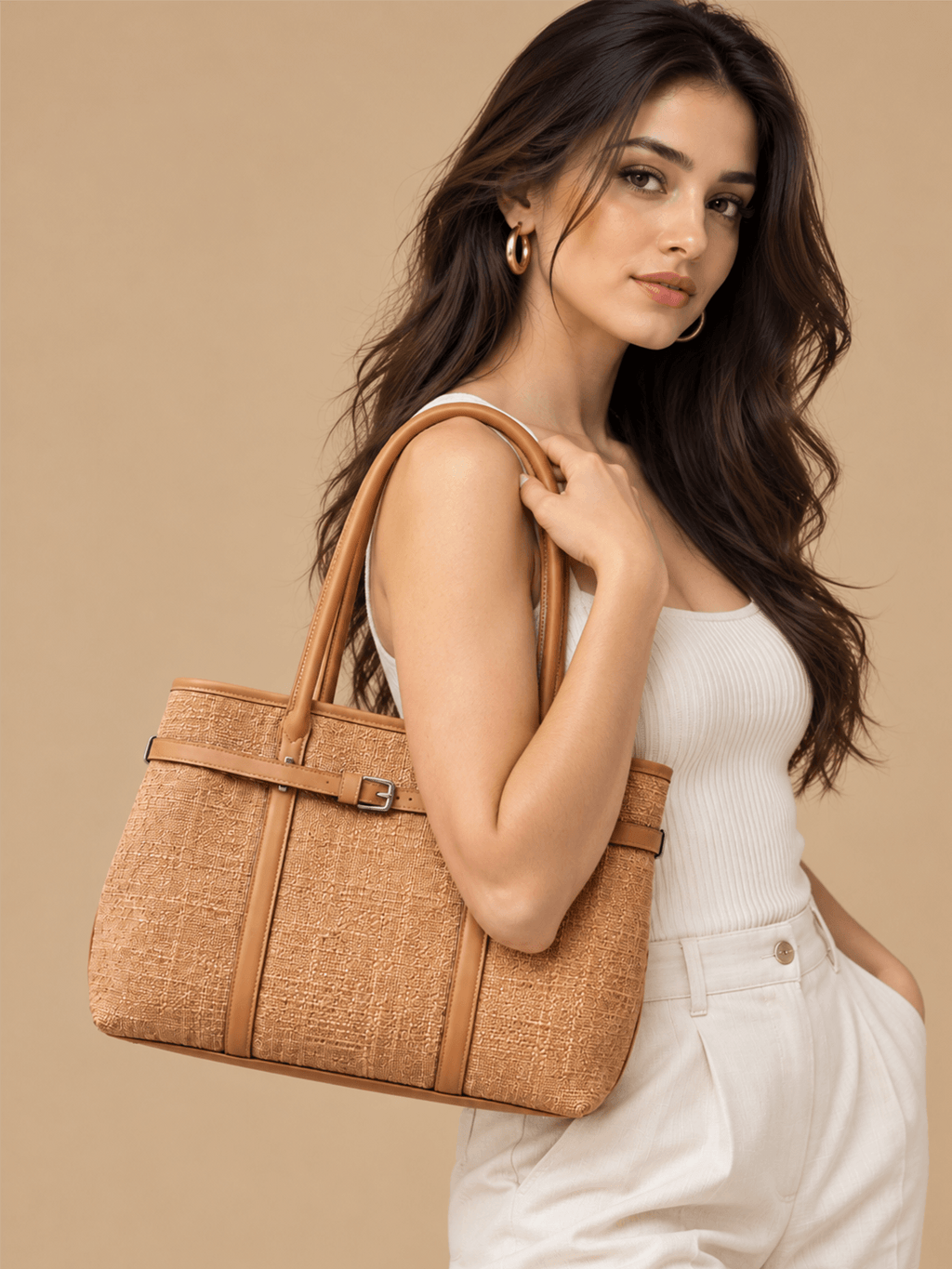 Tan Woven Shopper Tote | BAGWZ003