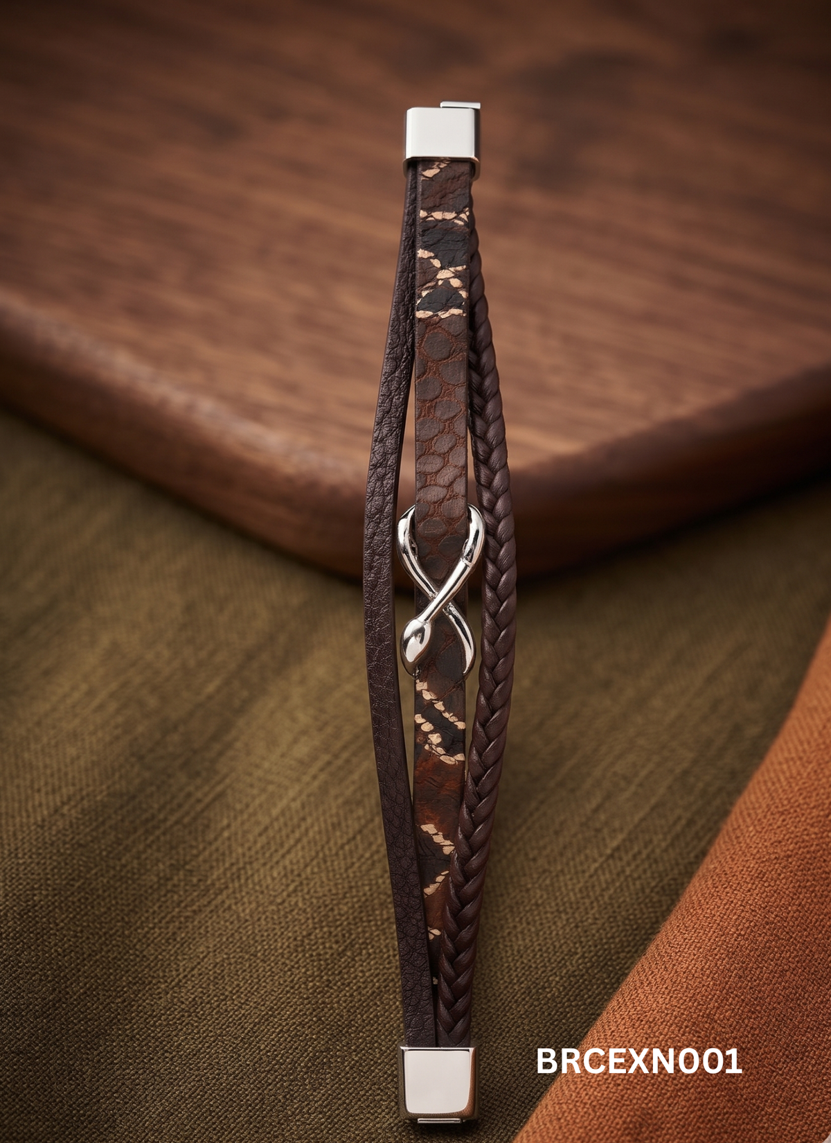 Men’s Brown and Black Braided Bracelet with Silver-Tone Accent