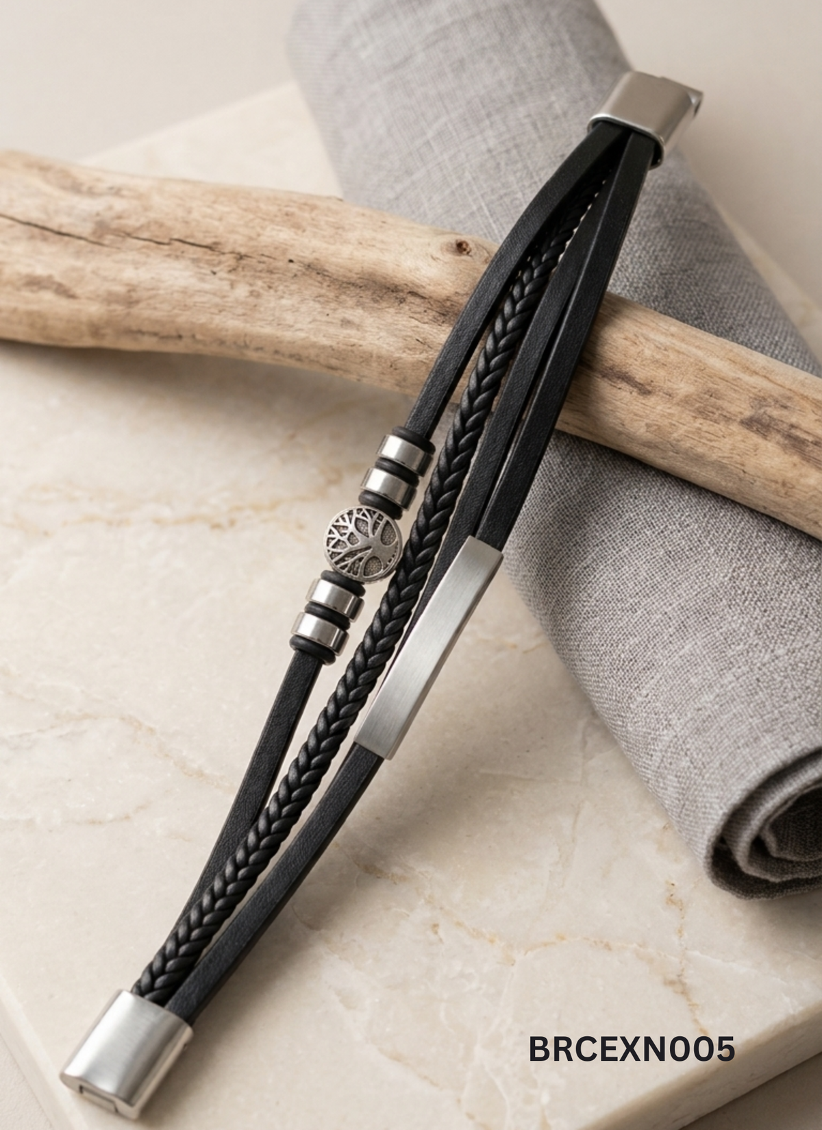 Men’s Black Bracelet with Textured Center Detail