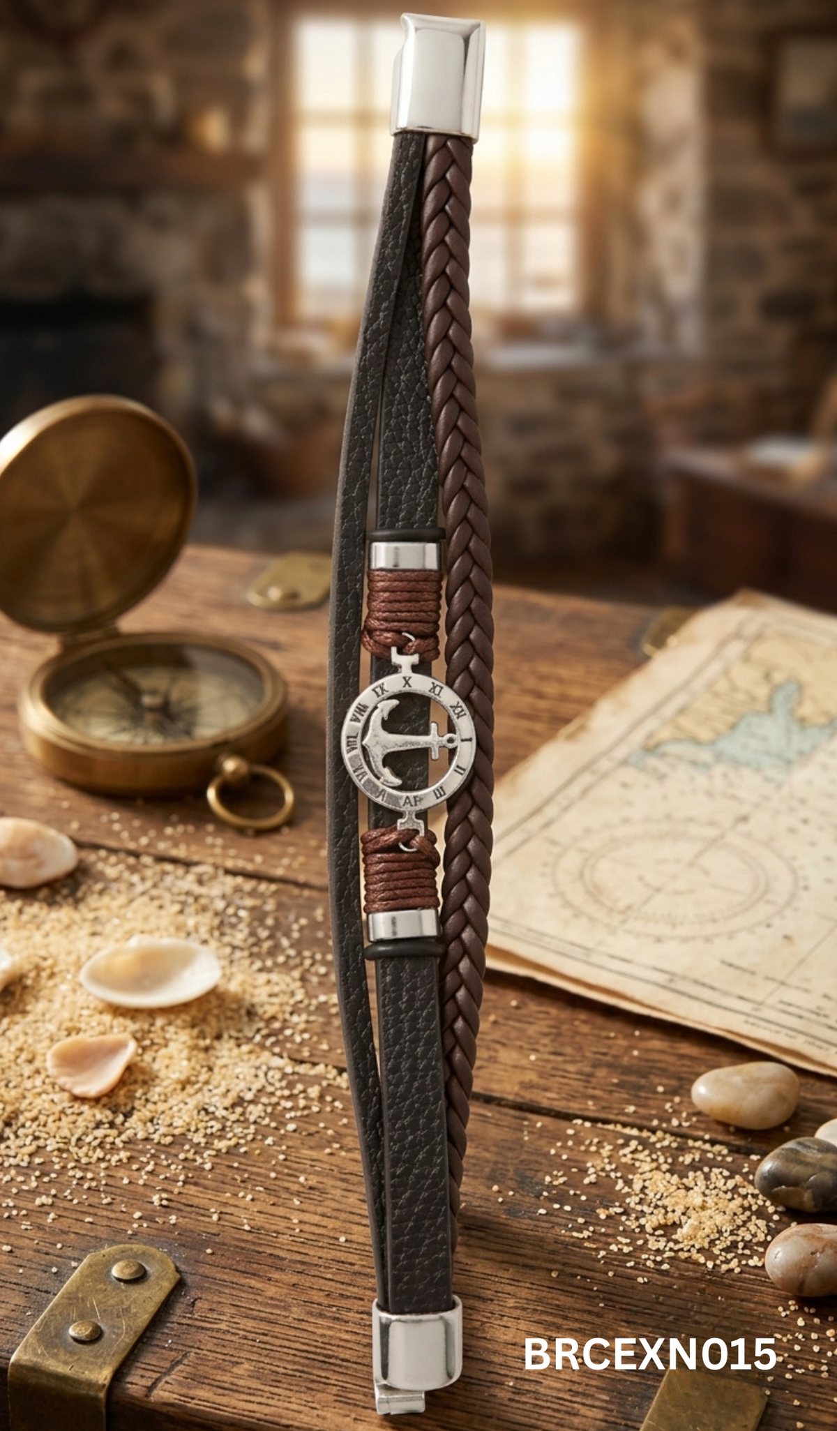 Men’s Black Bracelet with Compass-Style Medallion
