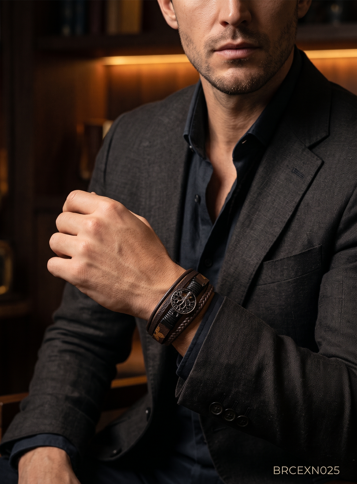 Men’s Brown Bracelet with Gold-Tone Patterned Accents