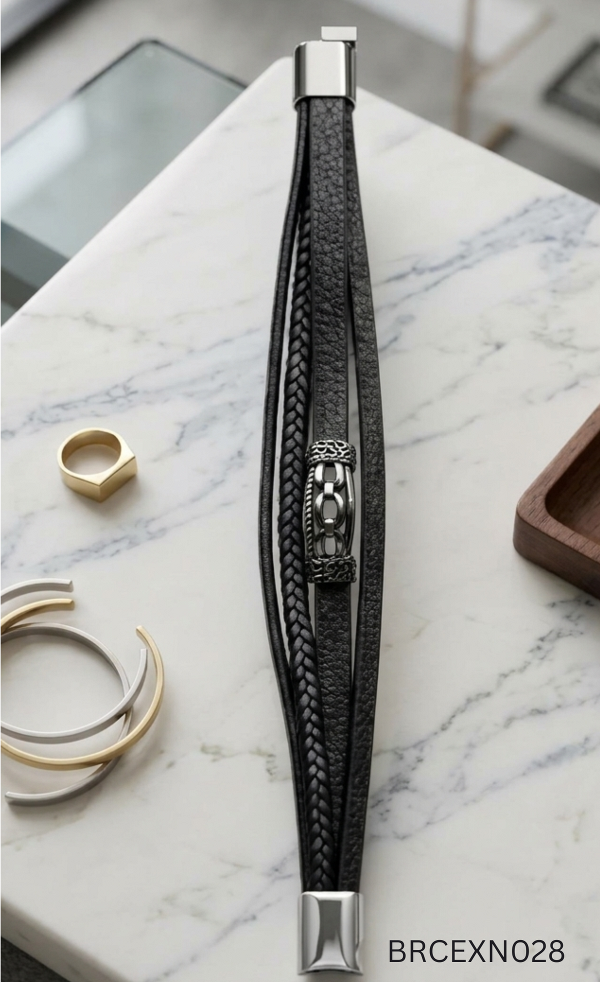 Men’s Black Bracelet with Engraved Center Bar