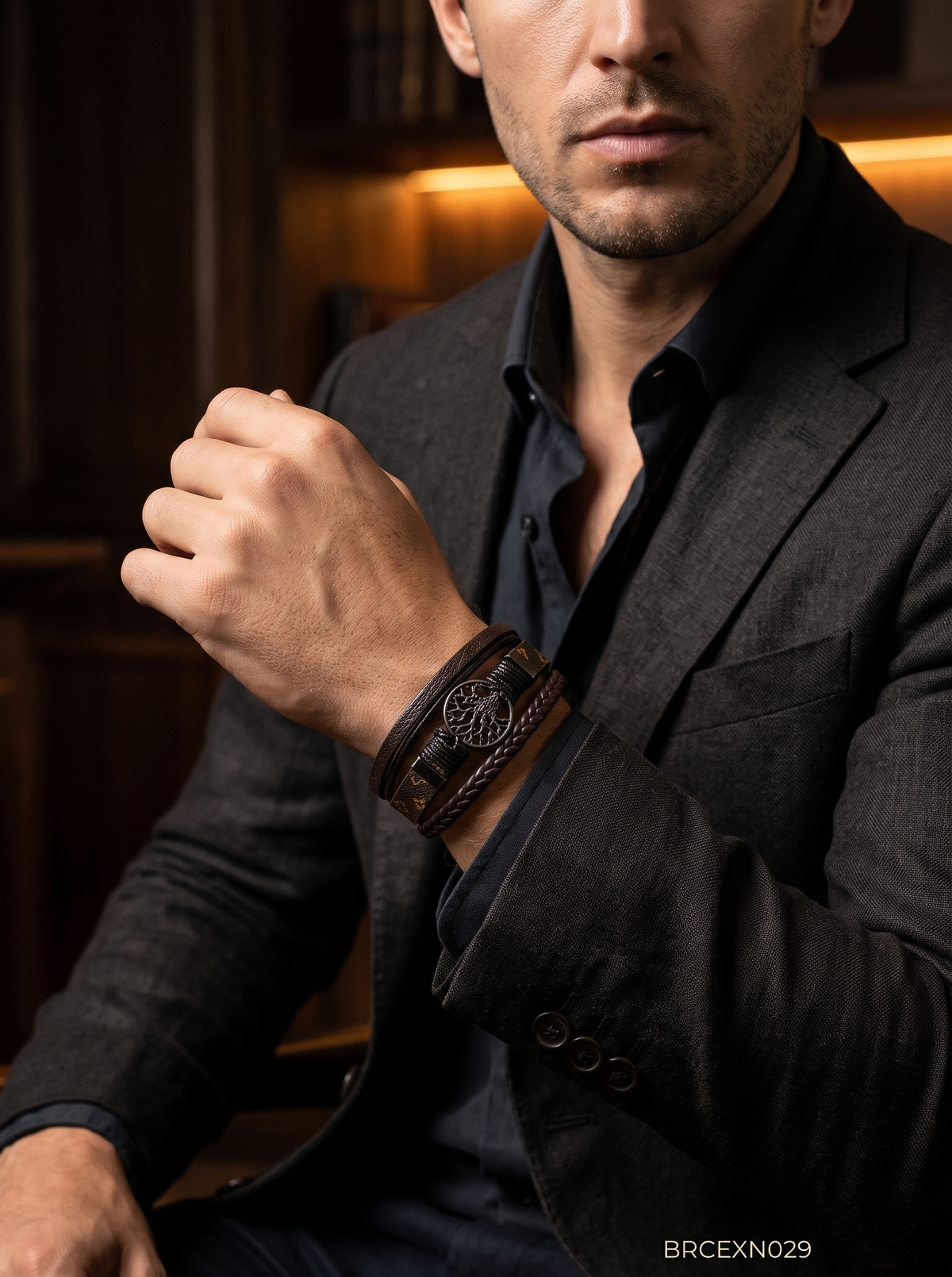 Men’s Black Bracelet with Raised Geometric Centerpiece
