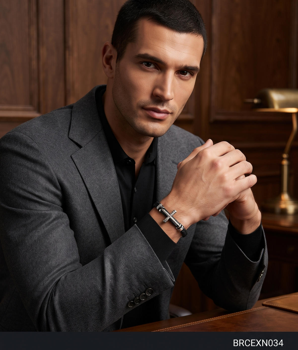 Men’s Black Bracelet with Cross and Bar Details