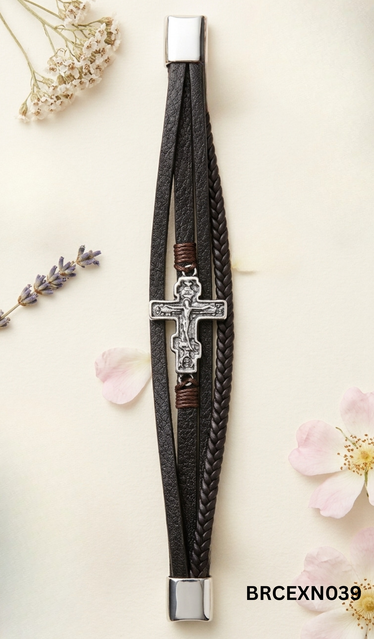 Men’s Braided Bracelet with Silver-Tone Cross