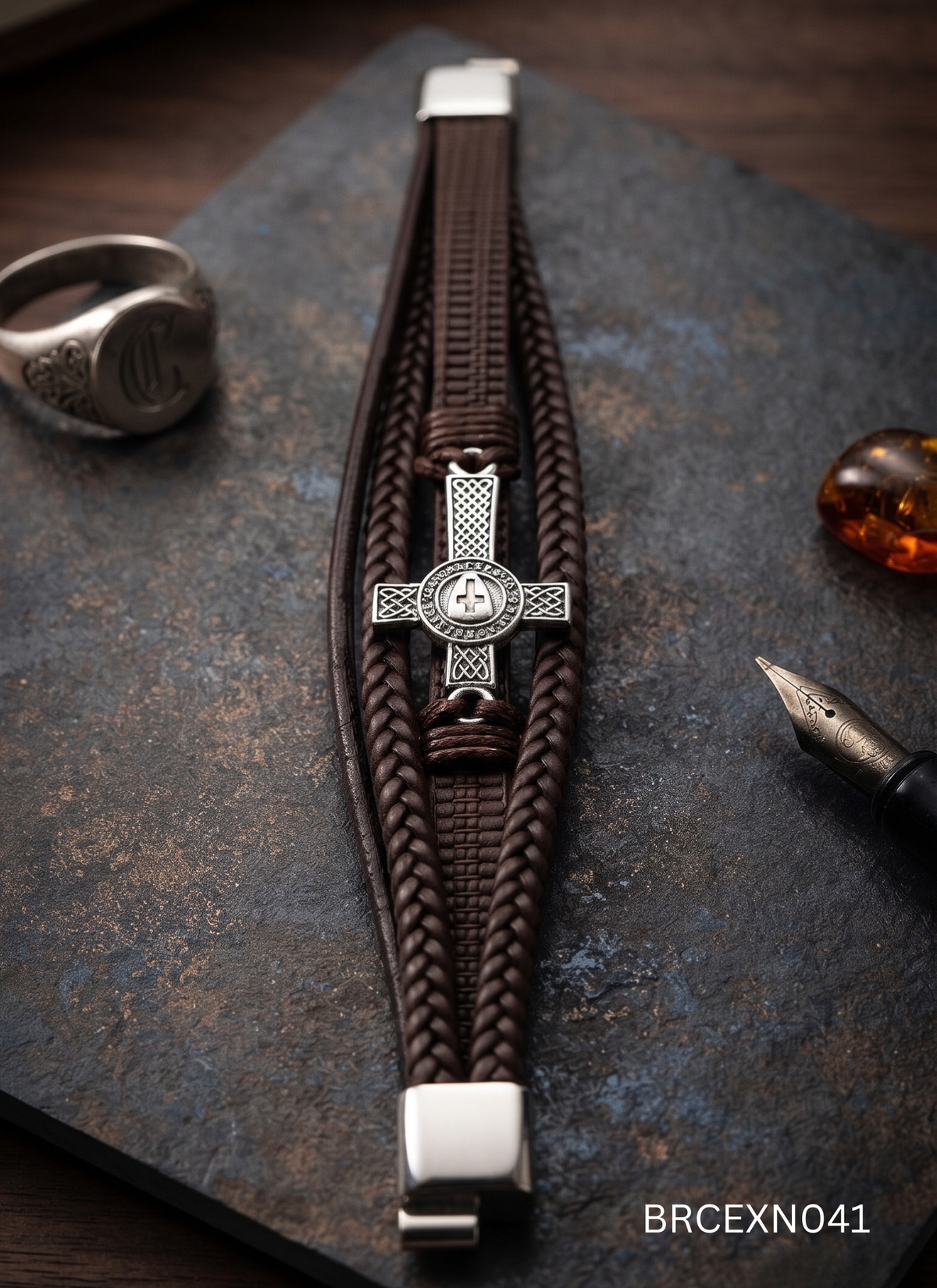 Men’s Brown Braided Bracelet with Center Accent