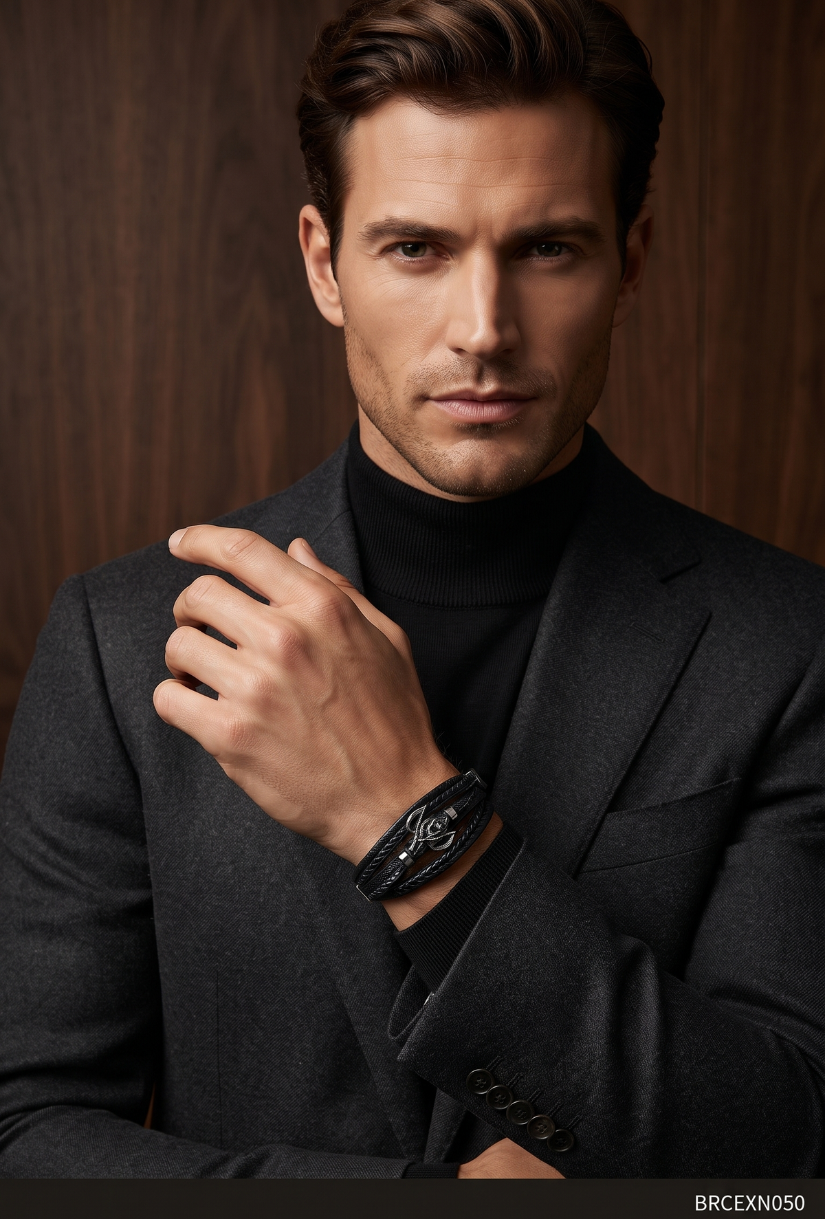 Men’s Black Braided Bracelet with Floral Medallion