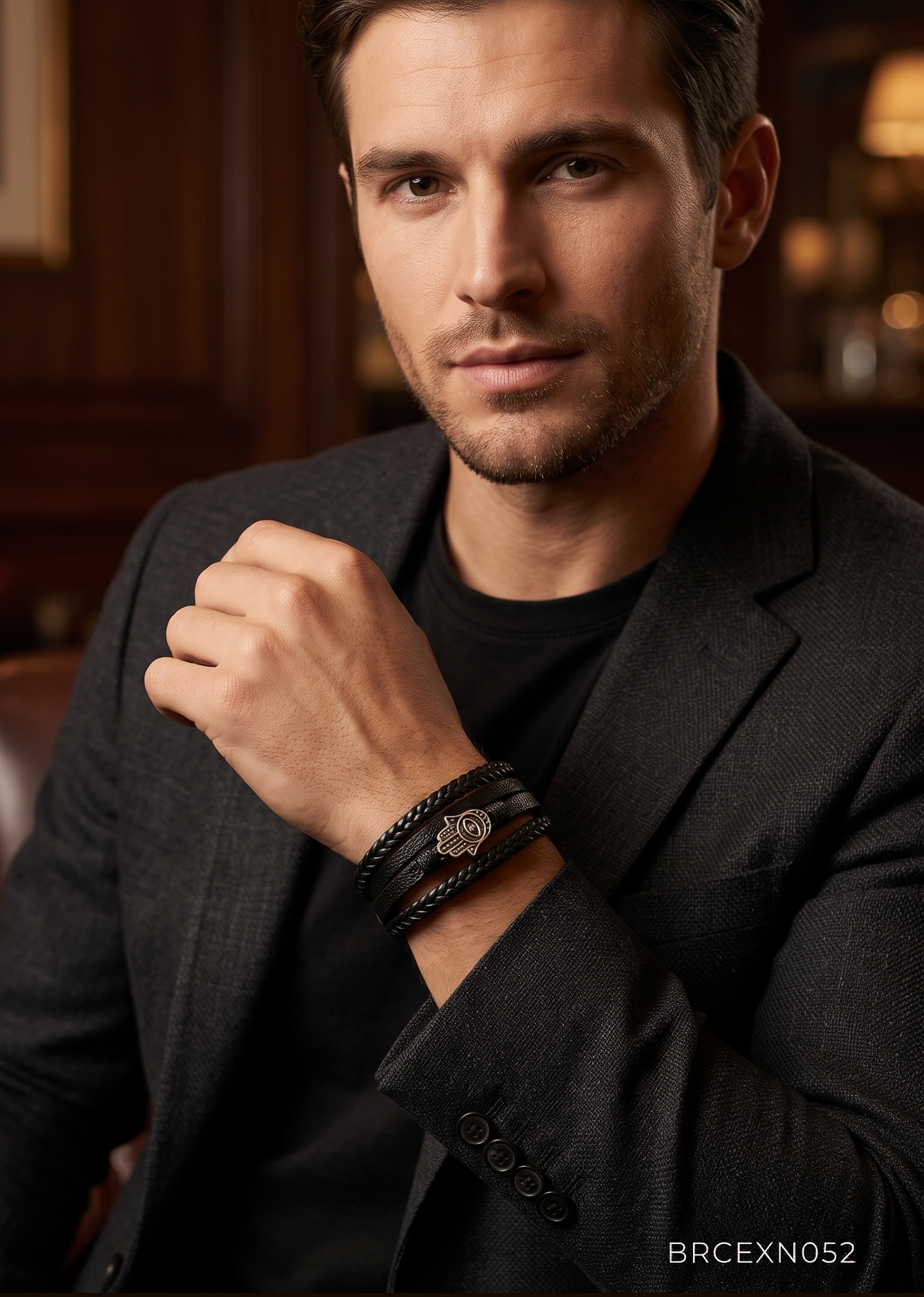 Men’s Black Bracelet with Diamond Pattern Center Band