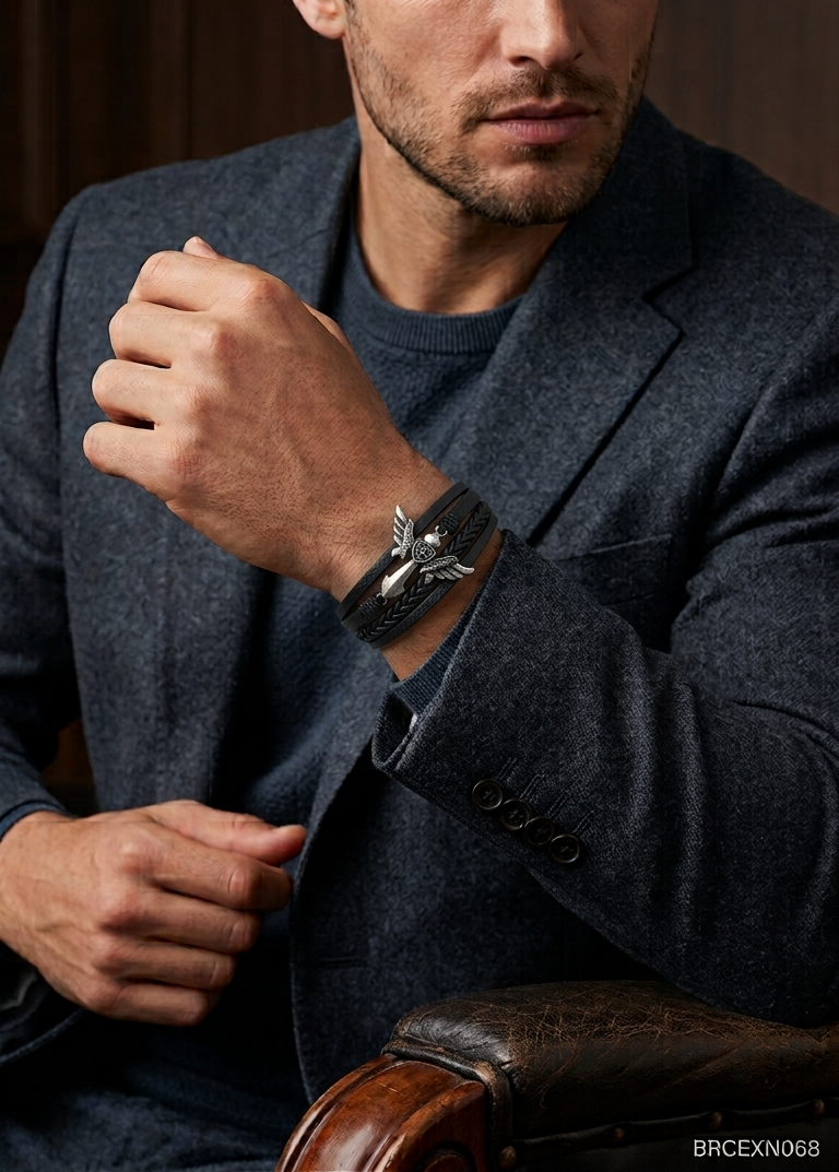 Men’s Black Bracelet with Ornate Center Accent