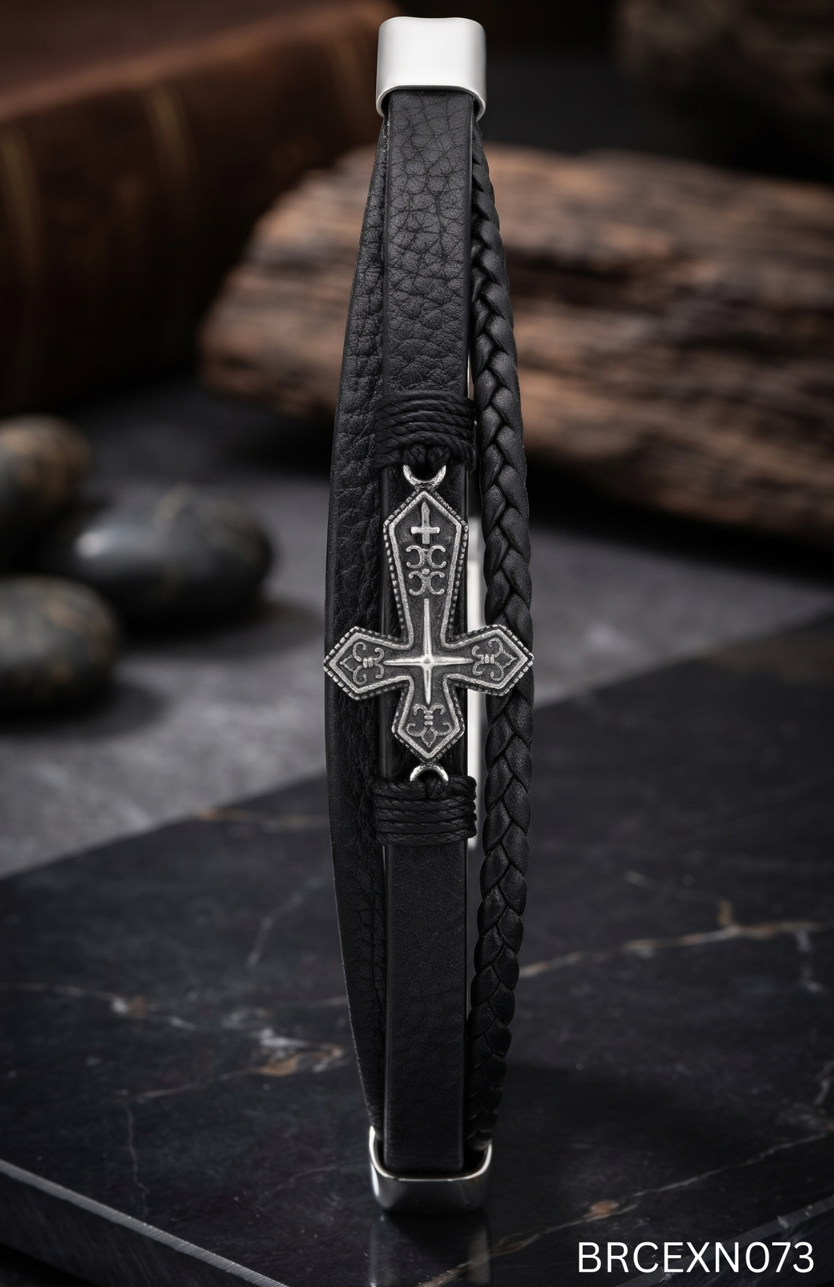 Men’s Black Braided Bracelet with Cross-Shaped Accent