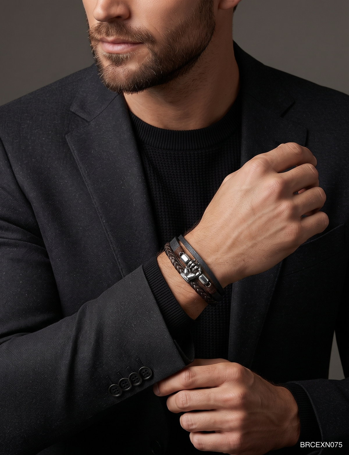 Men’s Black Braided Bracelet with Slim Metal Bar
