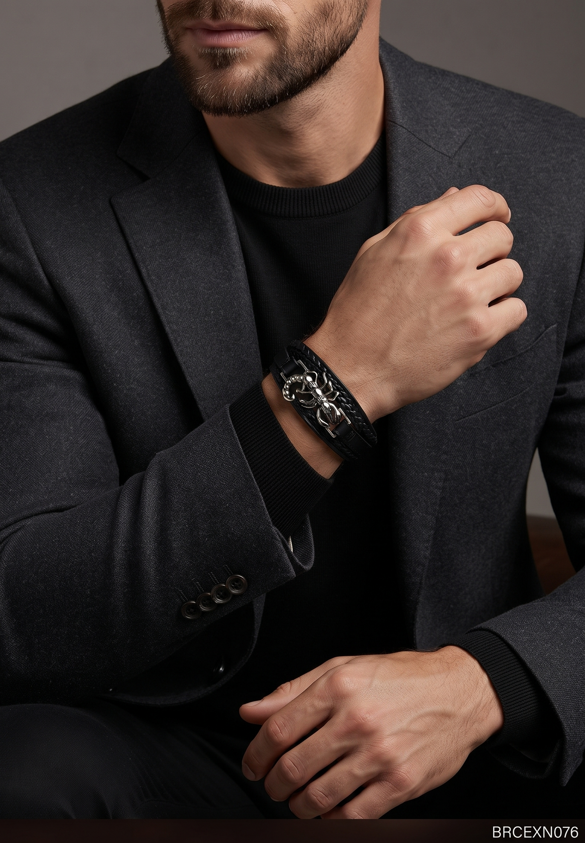 Men’s Black Bracelet with Large Ornate Centerpiece