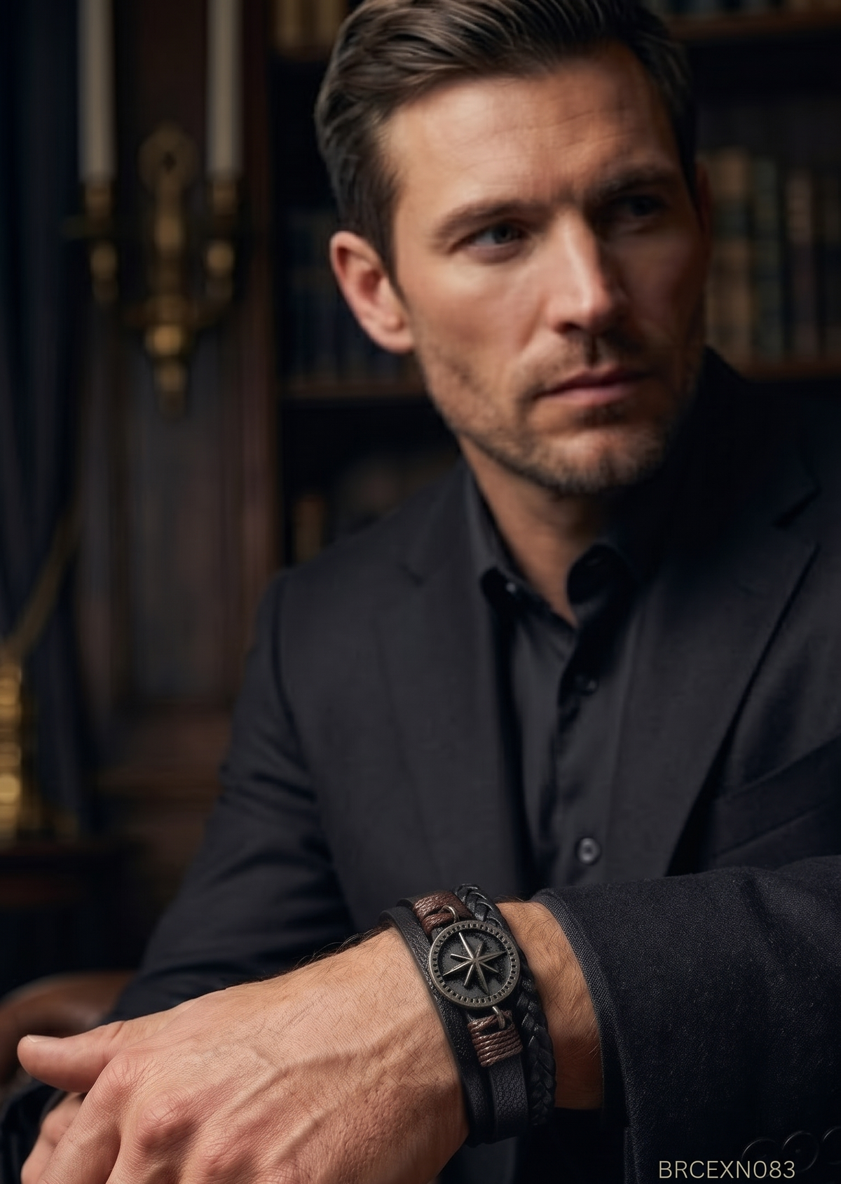 Men’s Brown and Black Bracelet with Compass Emblem