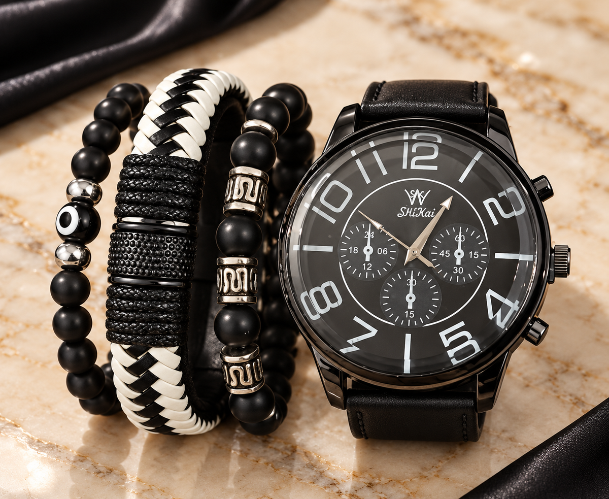 Black Dial Watch and Beaded Bracelet Set