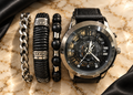 Black Dial Watch with Beaded Bracelet Set