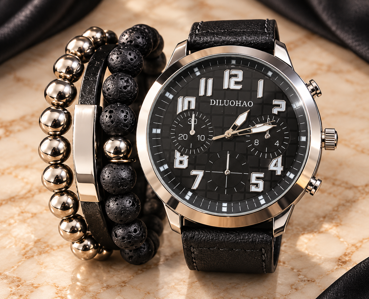 Classic Black Dial Watch and Bracelet Set