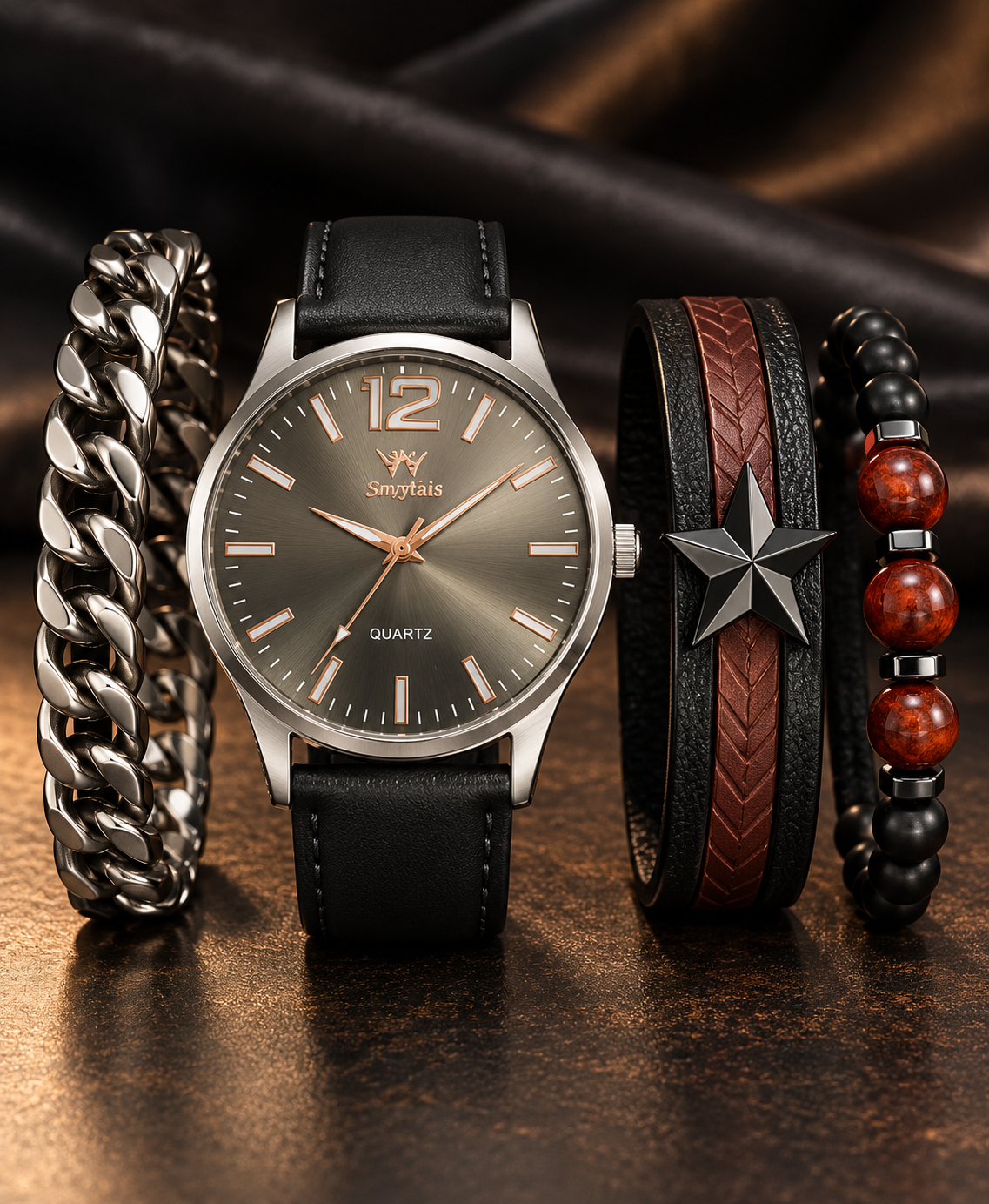 Silver-Tone Watch and Beaded Bracelet Set