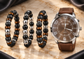 Black Dial Watch with Layered Bead Bracelets