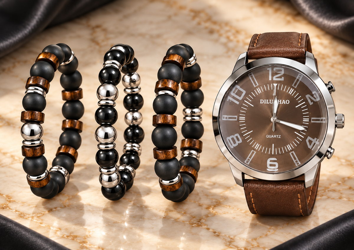 Black Dial Watch with Layered Bead Bracelets