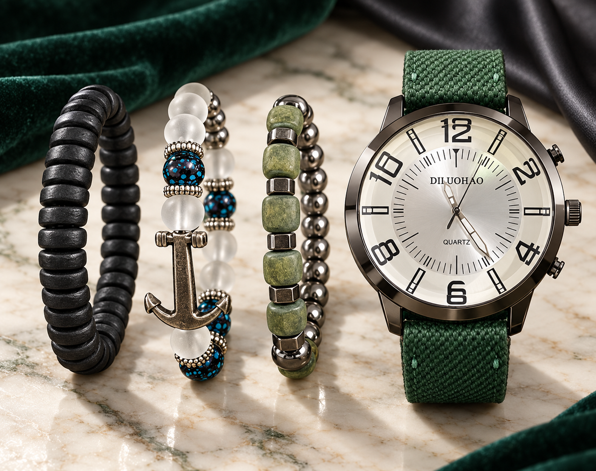 White Dial Watch and Beaded Bracelet Set