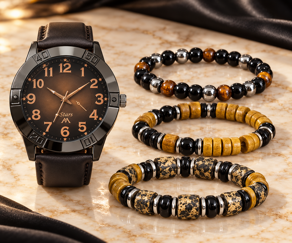 Dark Dial Watch and Mixed Bead Bracelet Set