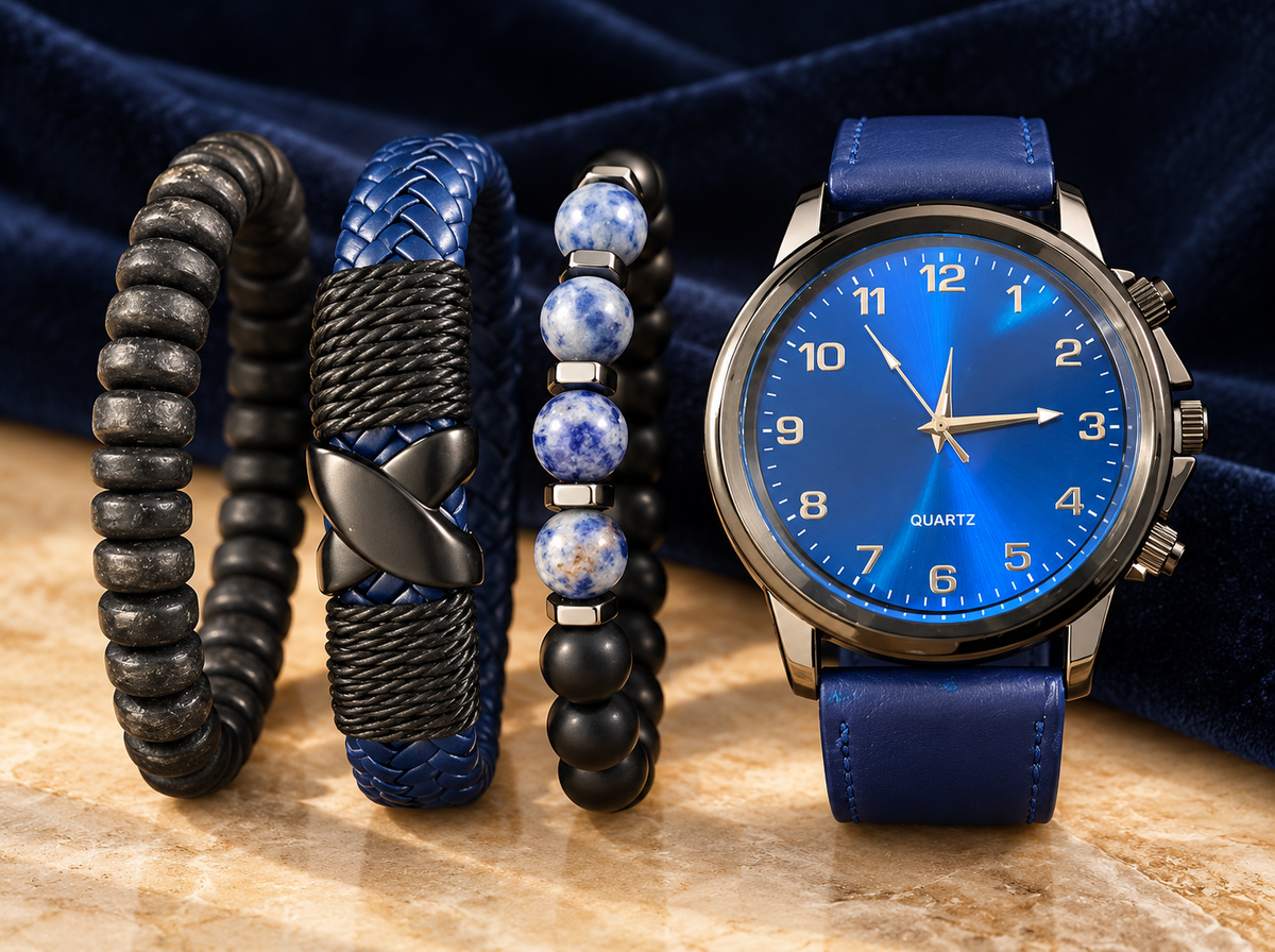 Blue Dial Watch and Beaded Bracelet Set