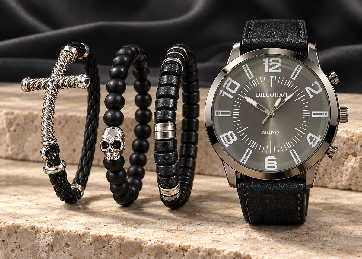 Black Dial Watch with Silver-Tone Bracelet